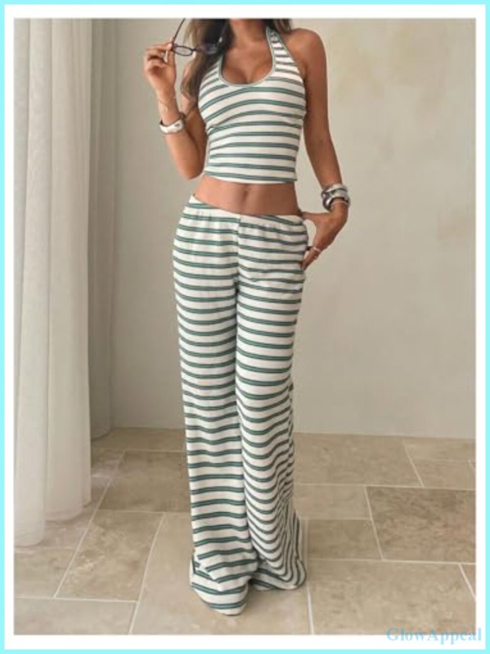 Women's Striped Lounge Set 2 Piece Matching Halter Crop Top and Pants - Picture 4 of 5